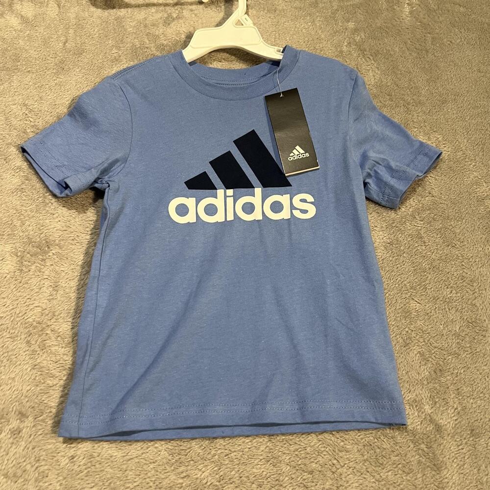 Adidas Shirt Youth Size 4 Blue Regular Fit Cotton Short Sleeve Logo Tee New